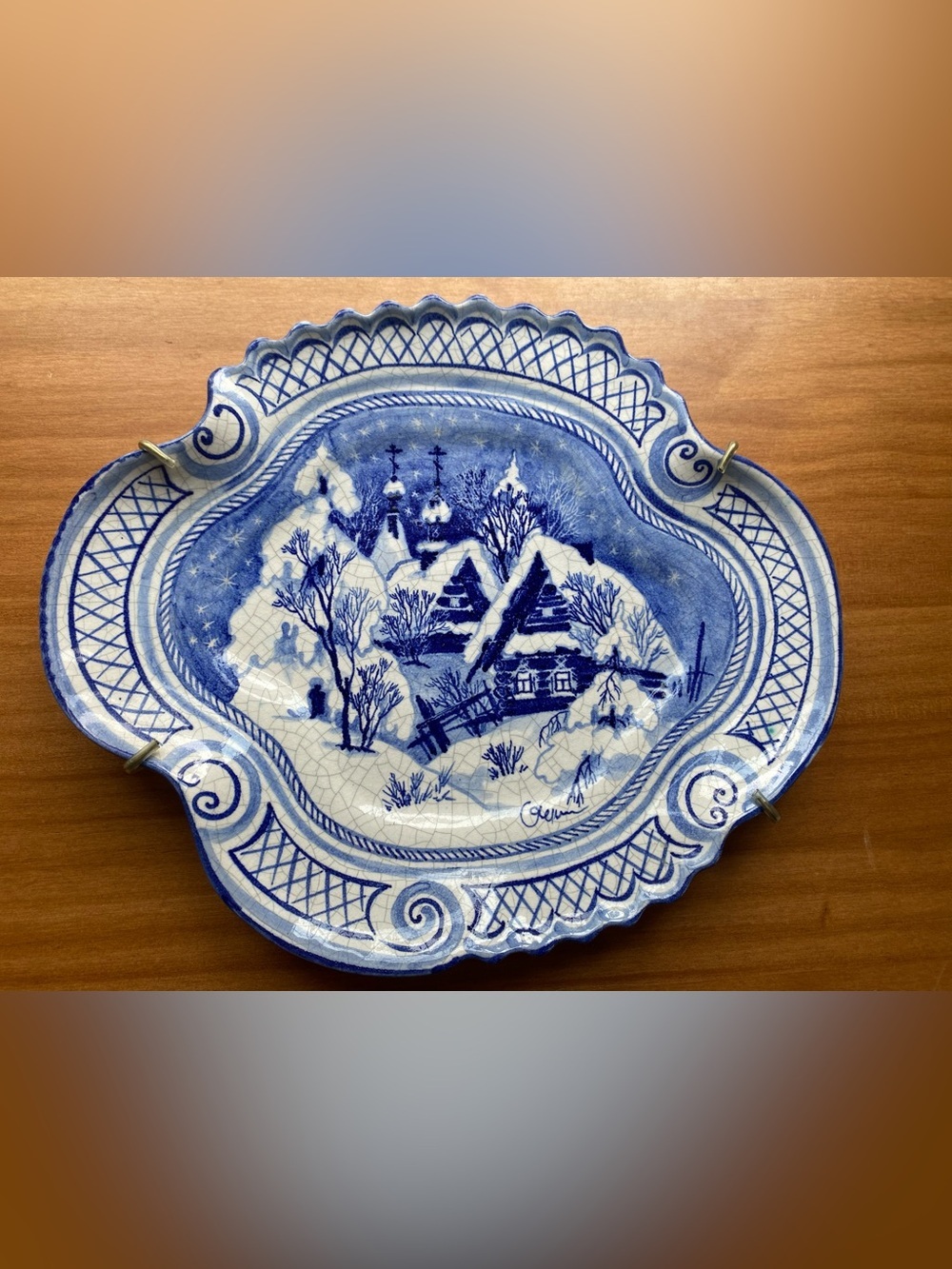 Hand-Painted Blue & White Crackle Glaze Winter Village Decorative Wall Plate